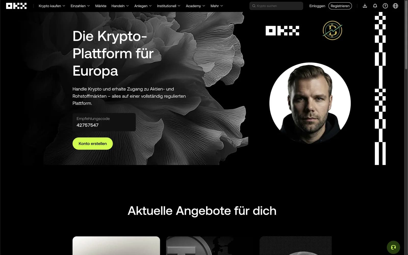 OKX-Registrierungsseite über biturai.com/okx mit Empfehlungscode 42757547 und dem Foto von Michael Steinbach