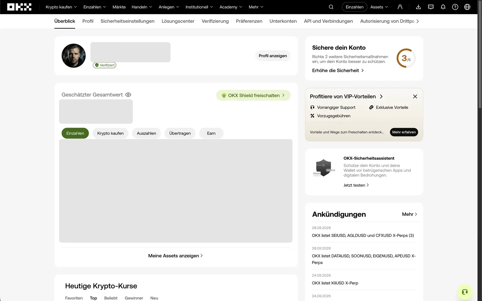 OKX-Profilübersicht; Name, UID, Kontostand und Chart sind unkenntlich gemacht